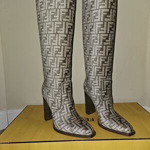 Fendi Monogram Heeled Boots in Gray and Taupe